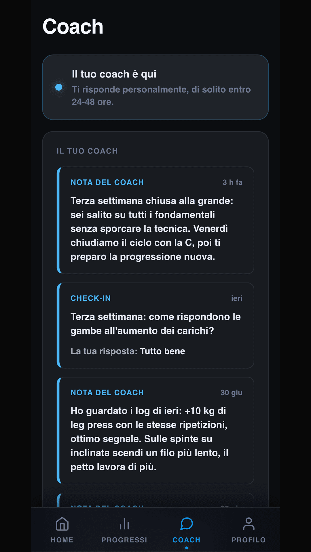 Schermata coach: le note e i check che Andrea manda durante il percorso
